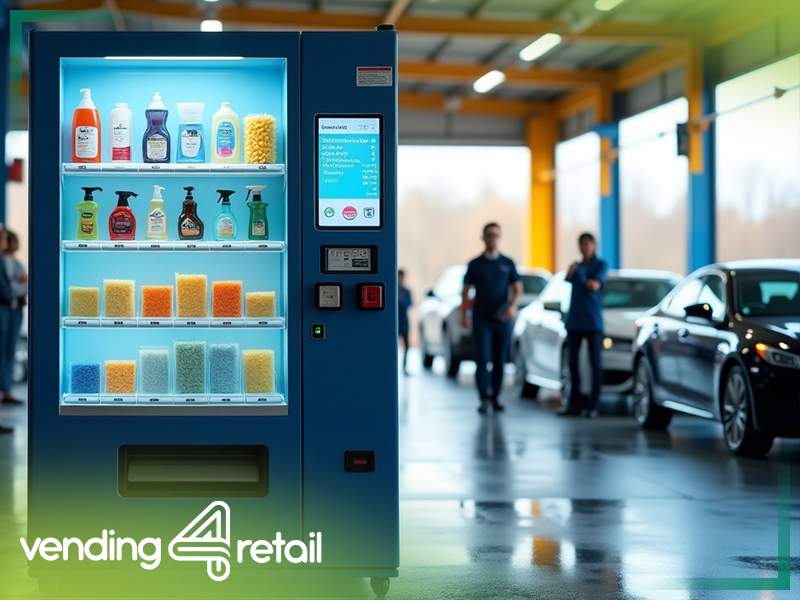 Automat vendingowy z chemią samochodową przy myjni bezdotykowej lub samoobsługowej