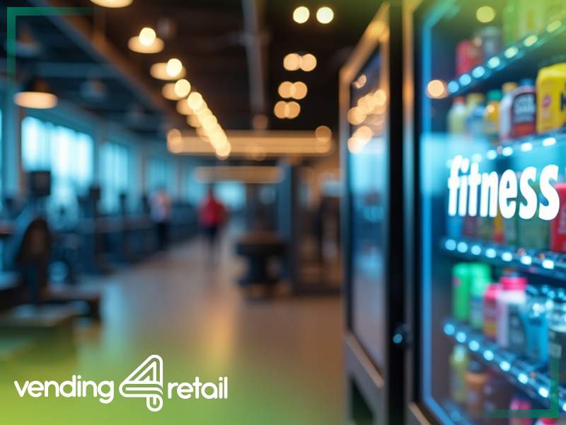 Nowoczesny automat smart vending w klubie fitness z odżywkami białkowymi i napojami izotonikami